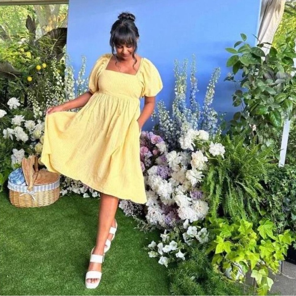 JF X JILLIAN HARRIS Yellow Striped Cotton Linen High Low Tie Back Dress Size XL - Picture 2 of 9